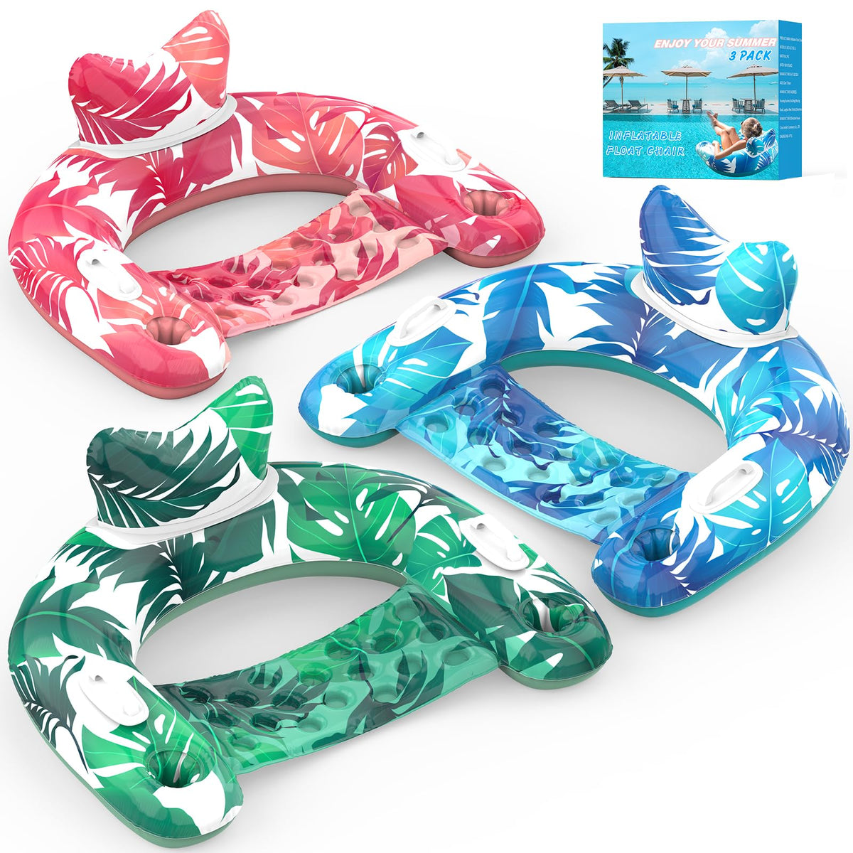 Inflatable Pool Float Chairs with Cupholders & Handles, 3 Pack P34565