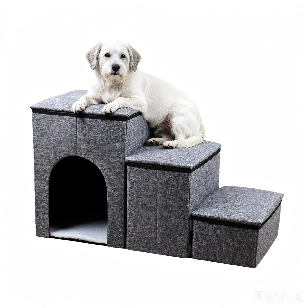 Foldable 3-Step Pet Stairs with Storage & Cat House W3213