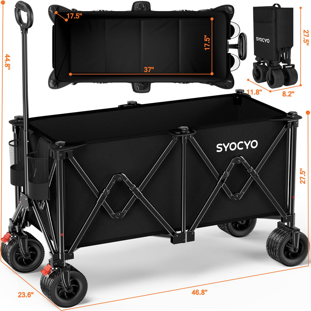 Foldable Collapsible Wagon with All-Terrain Wheels and Cup Holders, Black O68254