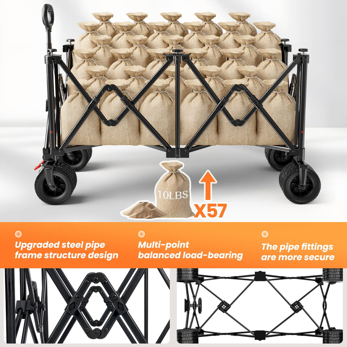 Foldable Collapsible Wagon with All-Terrain Wheels and Cup Holders, Black O68254