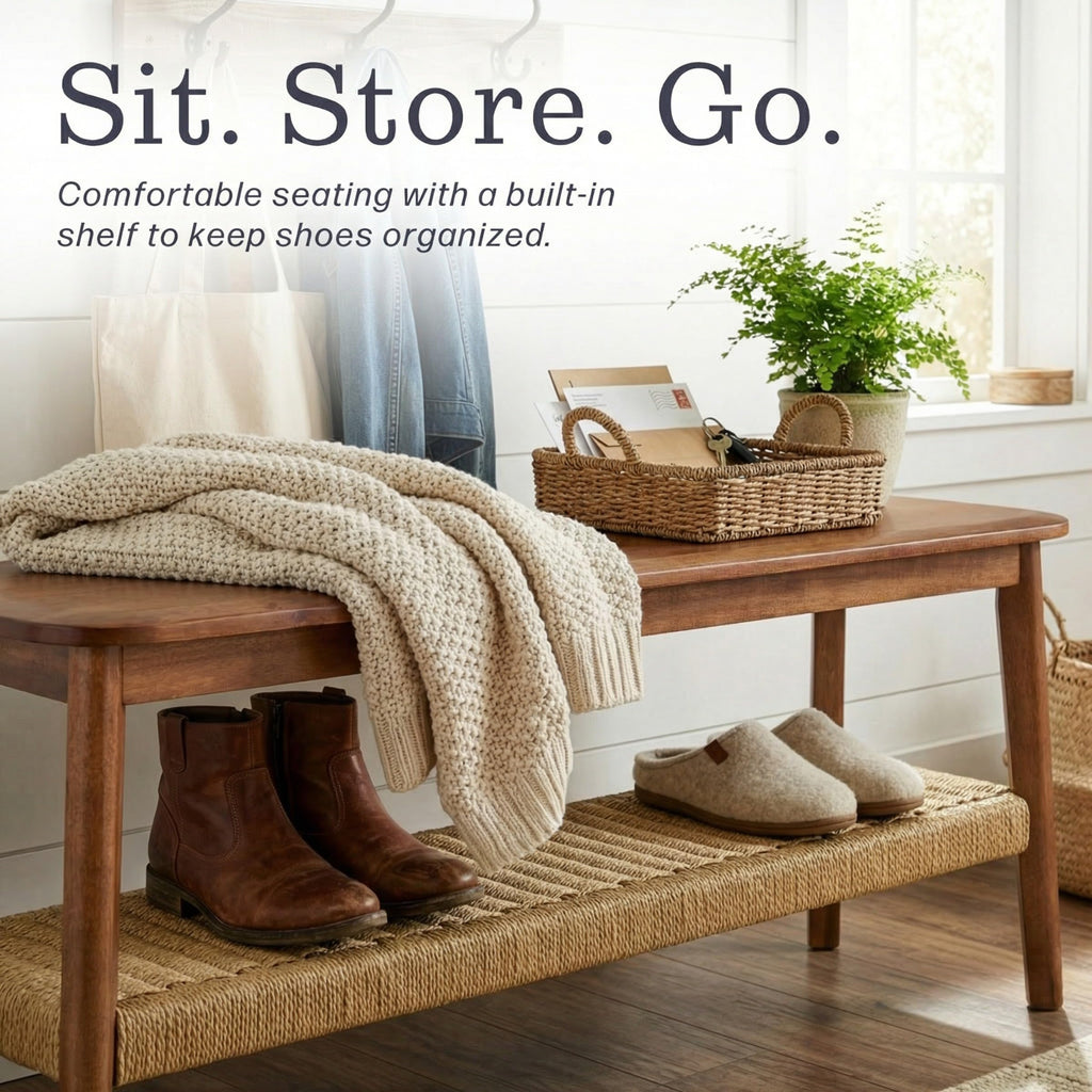 Solid Wood Entryway Bench with Woven Storage Shelf, Chestnut, 48” N4406