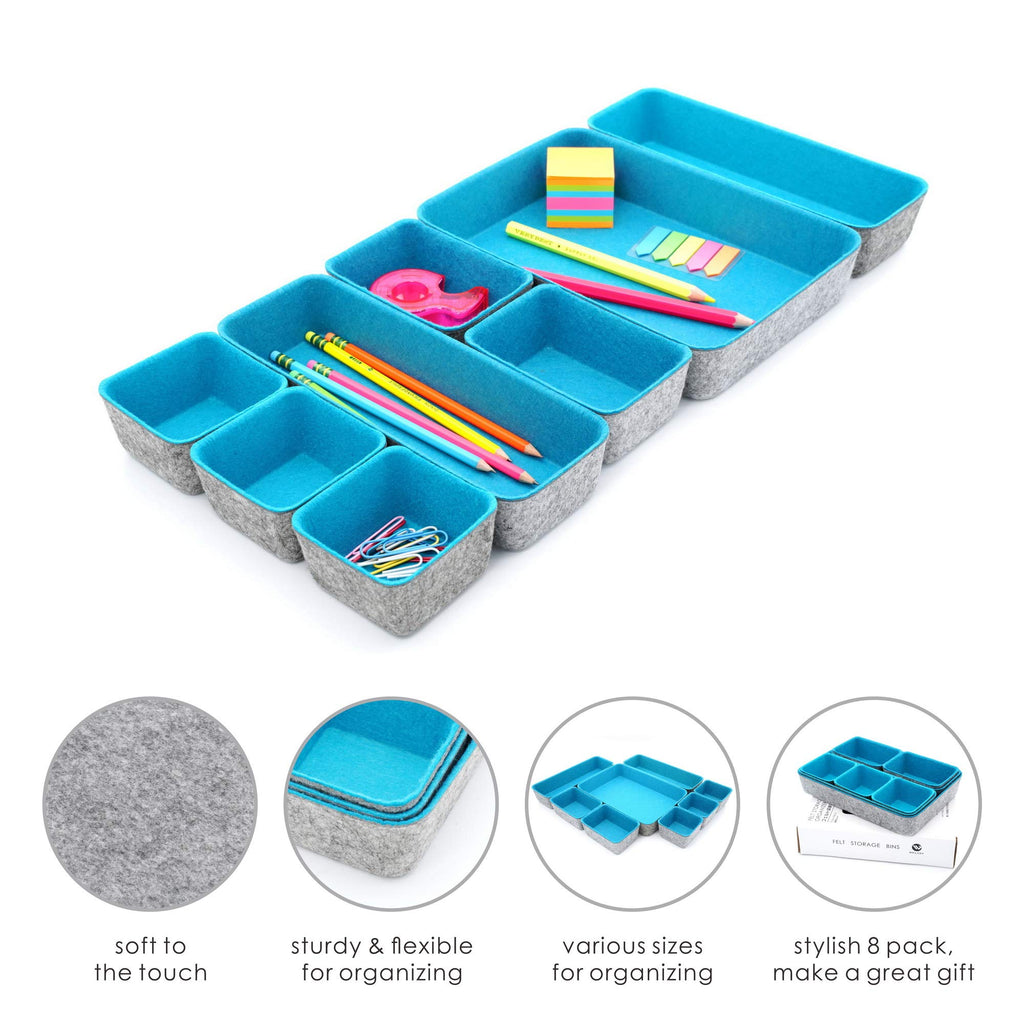 Felt Desk Drawer Organizer 8pc Turquoise Storage Bins C5486