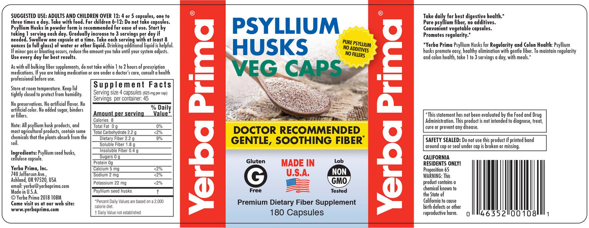 180 Veg Capsules Psyllium Husks Fiber Supplement U555