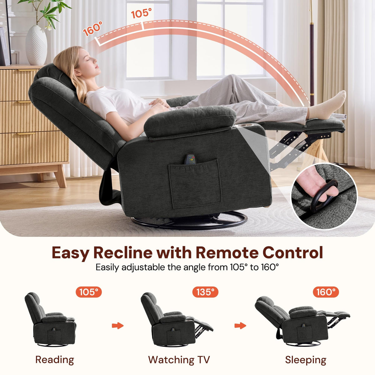 Grey Chenille Swivel Rocker Recliner with Massage and Heat J420609