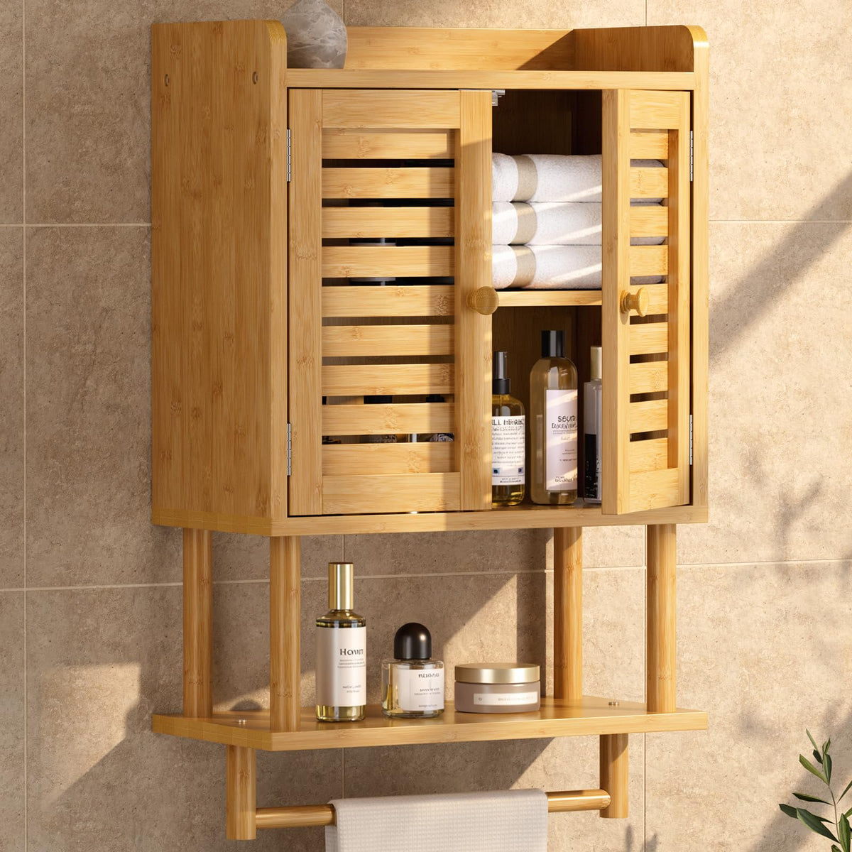 Bamboo Over The Toilet Storage Cabinet with Towel Bar H3168