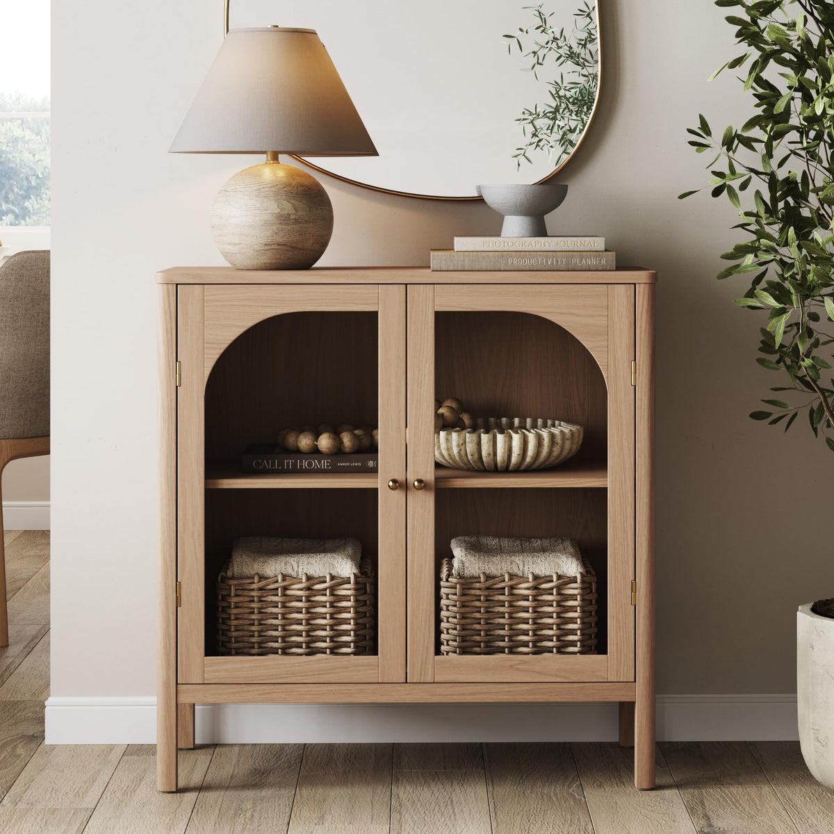 Modern Farmhouse Storage Cabinet with Glass Doors and Adjustable Shelf K849