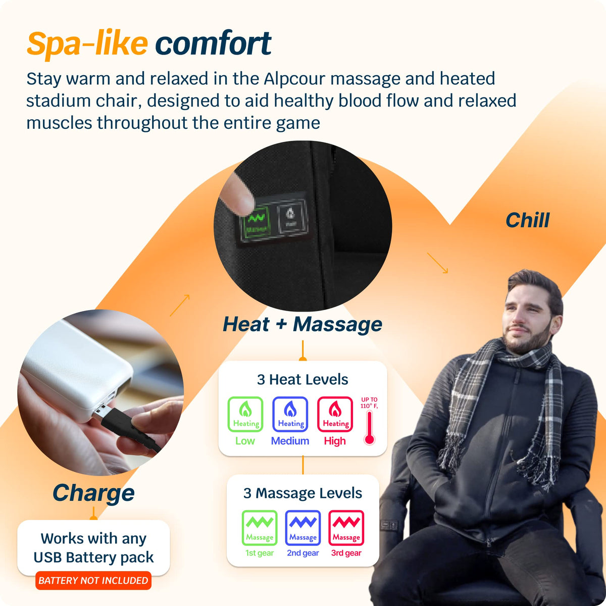 Heating Massage Reclining Stadium Seat with Arm Support H28795