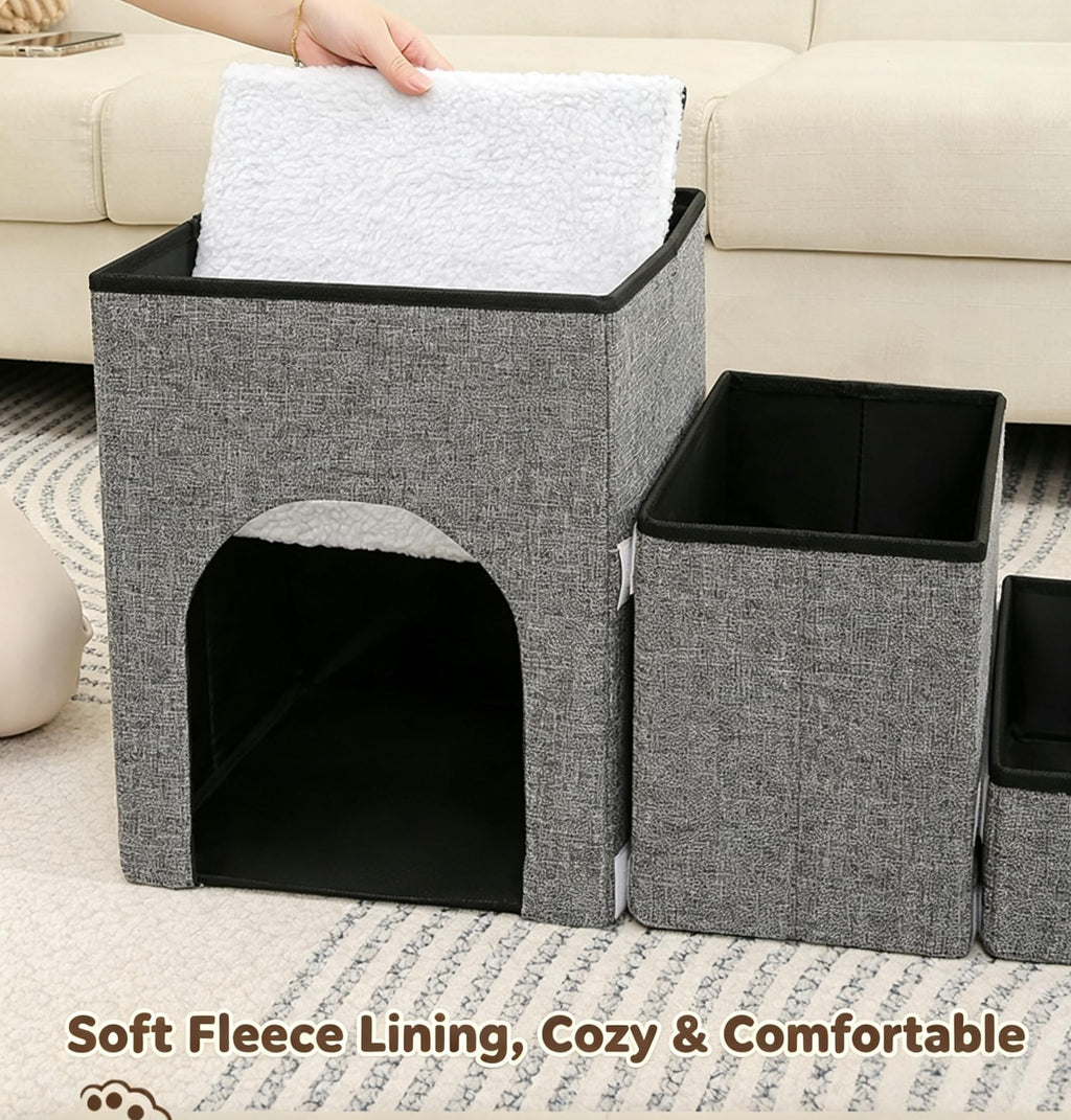 Foldable 3-Step Pet Stairs with Storage & Cat House W3213