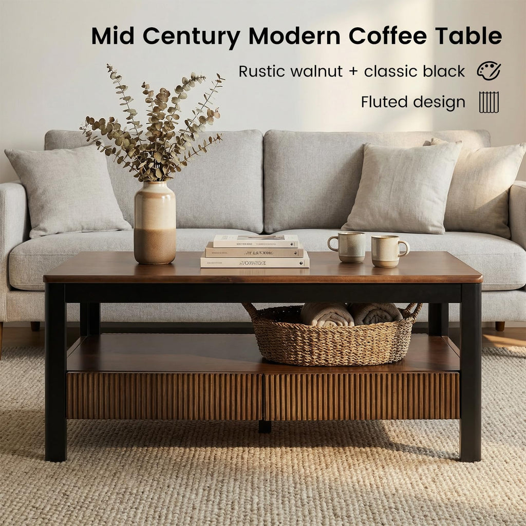 39.4" Walnut Solid Wood Fluted Coffee Table with 2 Drawers B992