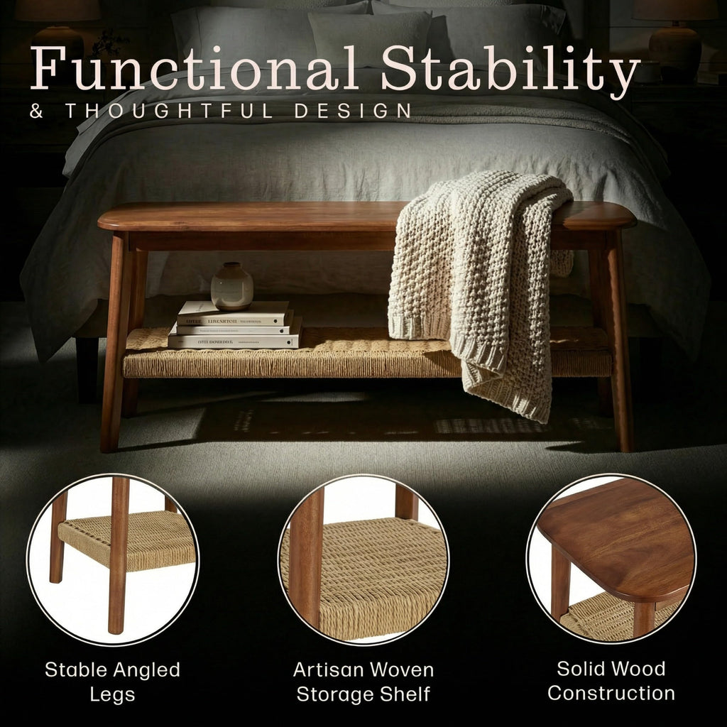 Solid Wood Entryway Bench with Woven Storage Shelf, Chestnut, 48” N4406