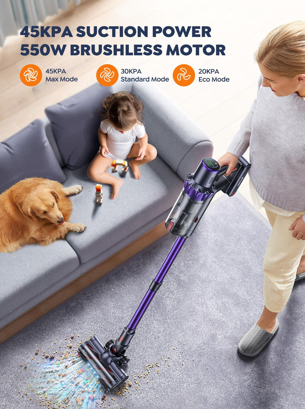 Cordless Stick Vacuum with 2 Batteries 45KPA 550W D970