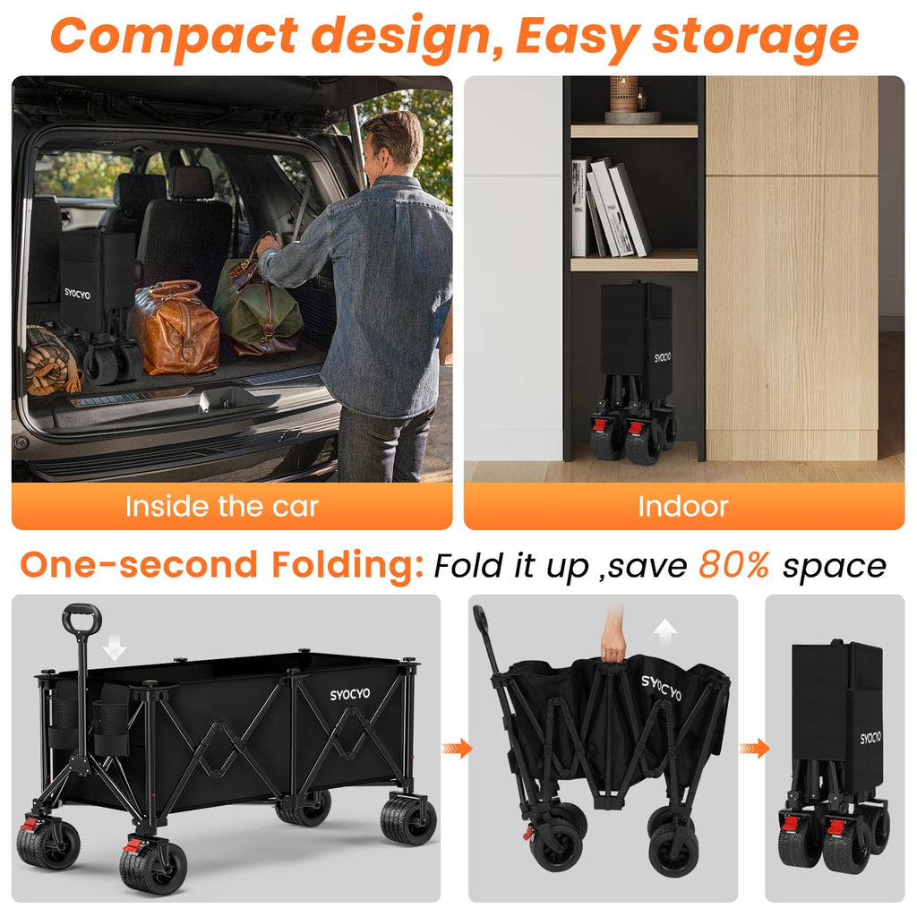 Foldable Collapsible Wagon with All-Terrain Wheels and Cup Holders, Black O68254