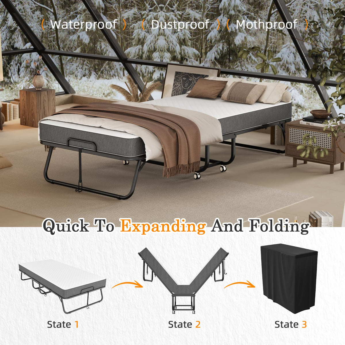 Folding Bed with Mattress 75" x 38" Memory Foam I14481