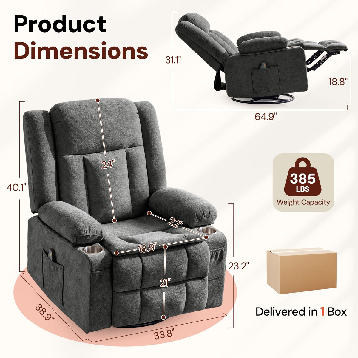 Grey Chenille Swivel Rocker Recliner with Massage and Heat J420609