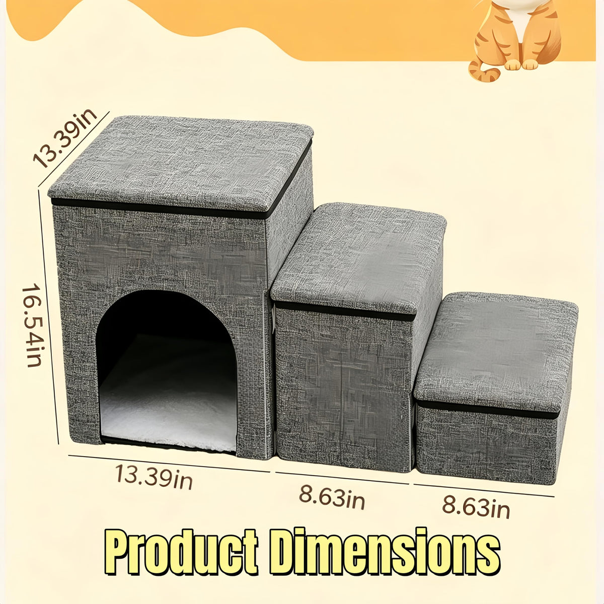 Foldable 3-Step Pet Stairs with Storage & Cat House W3213