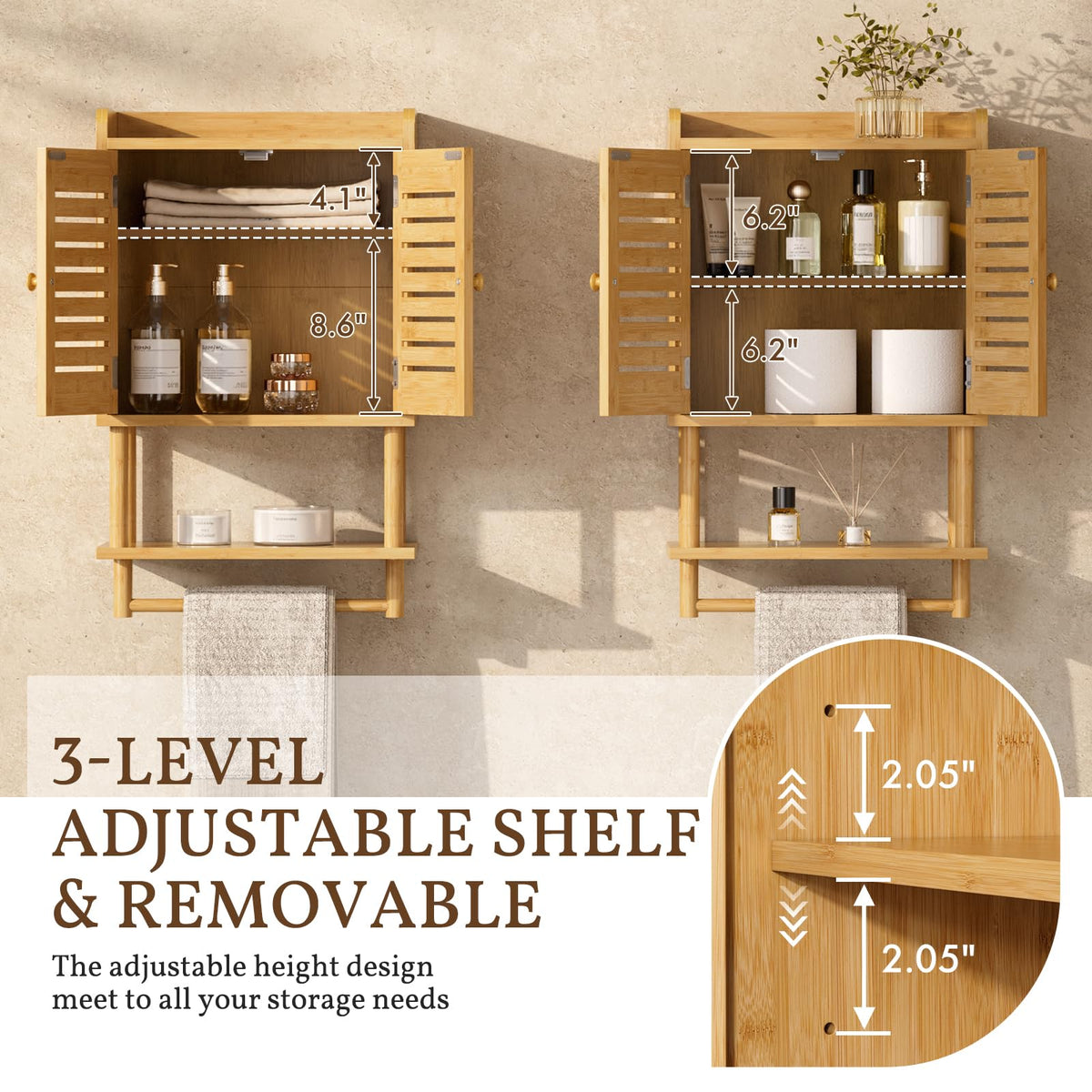 Bamboo Over The Toilet Storage Cabinet with Towel Bar H3168