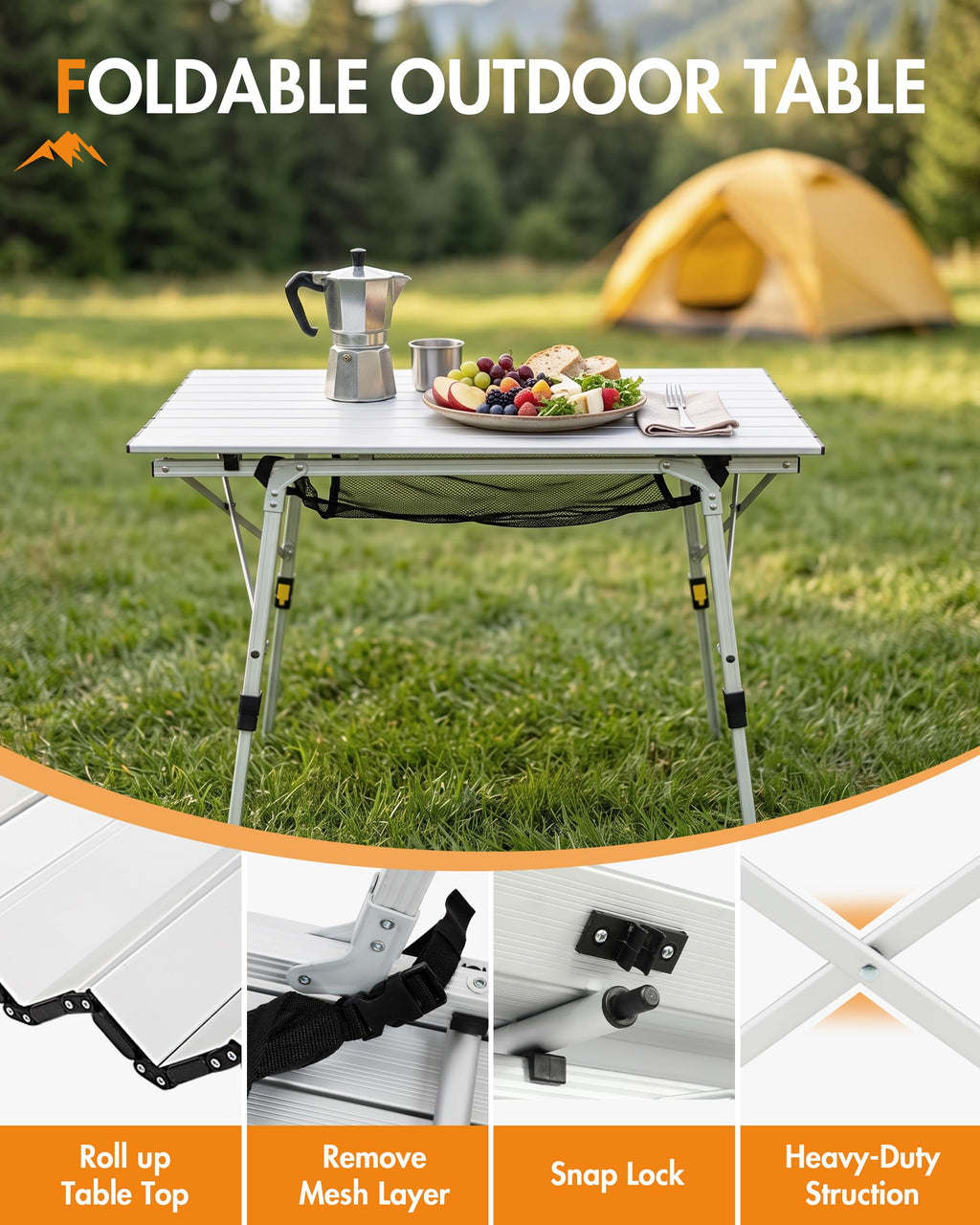 Folding Portable Camping Table with Adjustable Height Aluminum Roll Up Top A37746