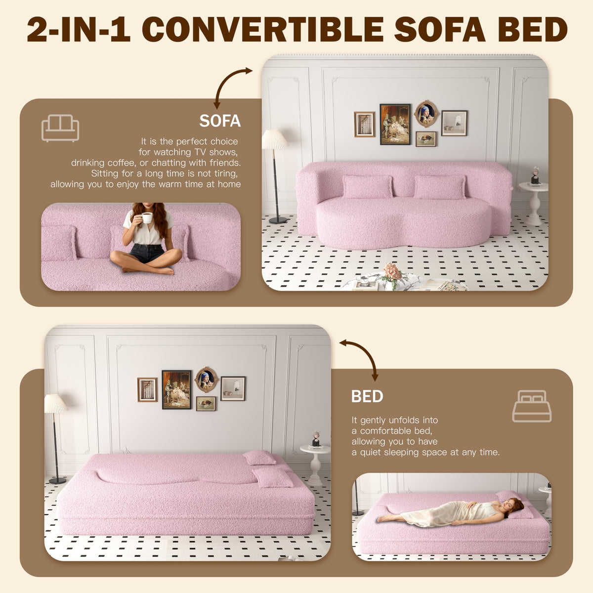 78" Full Size Pink Folding Sofa Bed L316
