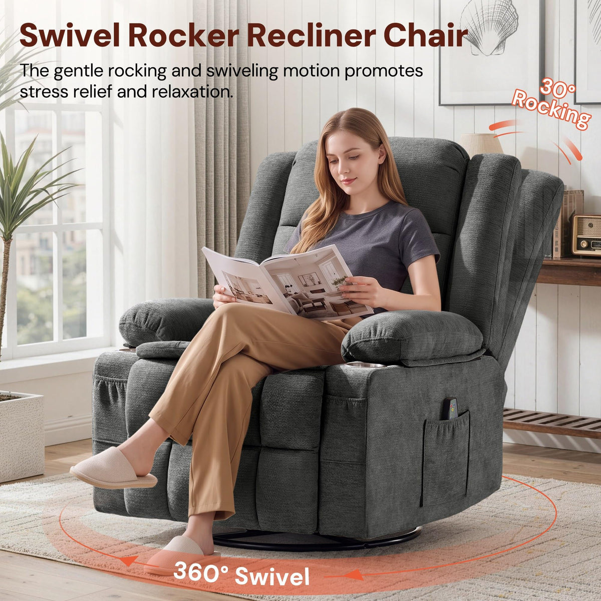 Grey Chenille Swivel Rocker Recliner with Massage and Heat J420609