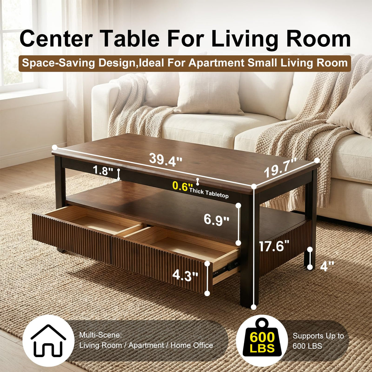 39.4" Walnut Solid Wood Fluted Coffee Table with 2 Drawers B992