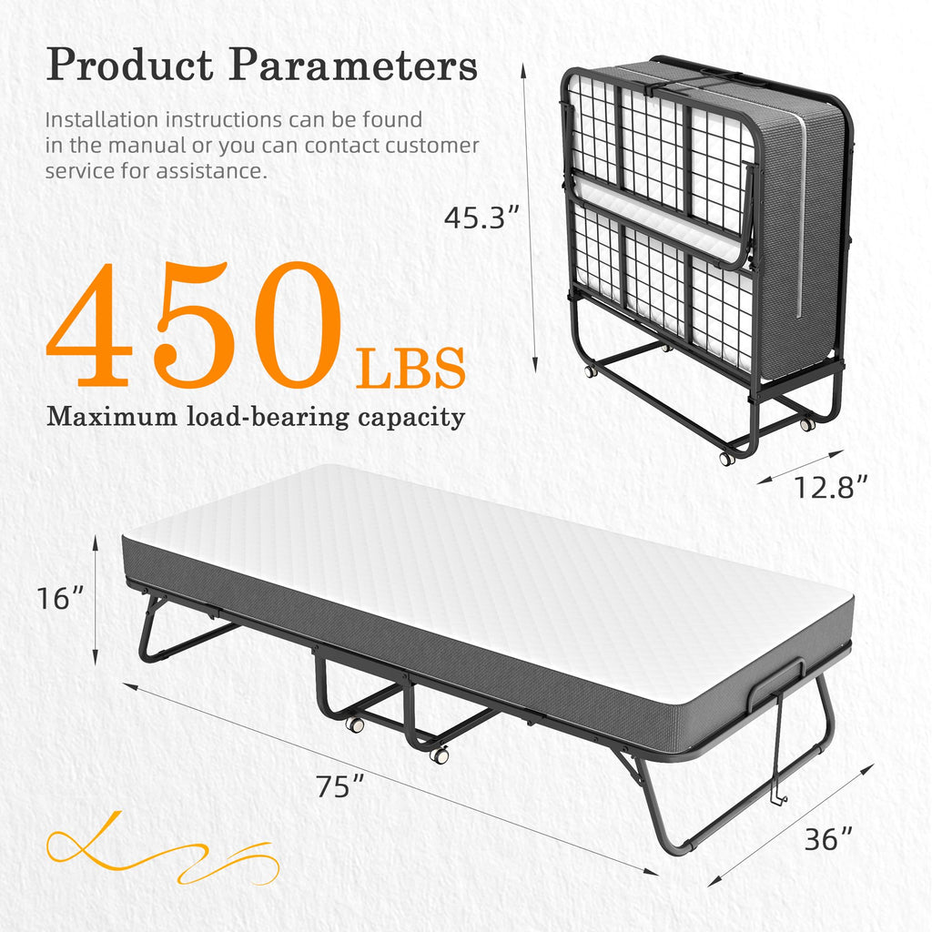 Folding Bed with Mattress 75" x 38" Memory Foam I14481