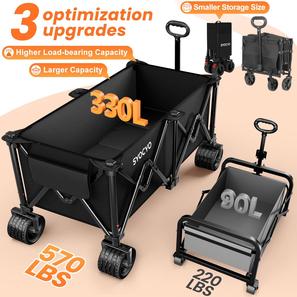 Foldable Collapsible Wagon with All-Terrain Wheels and Cup Holders, Black O68254