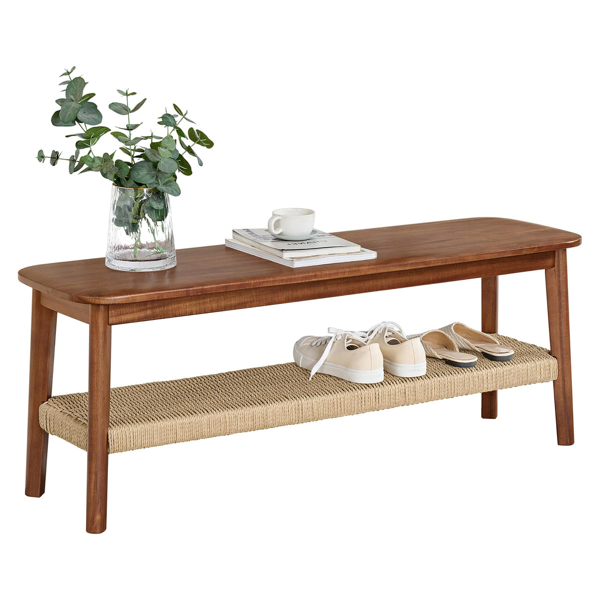 Solid Wood Entryway Bench with Woven Storage Shelf, Chestnut, 48” N4406