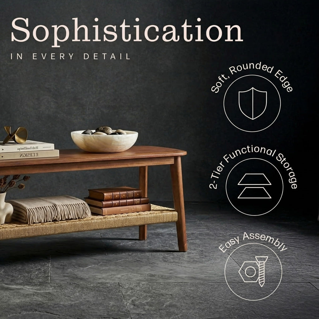 Solid Wood Entryway Bench with Woven Storage Shelf, Chestnut, 48” N4406