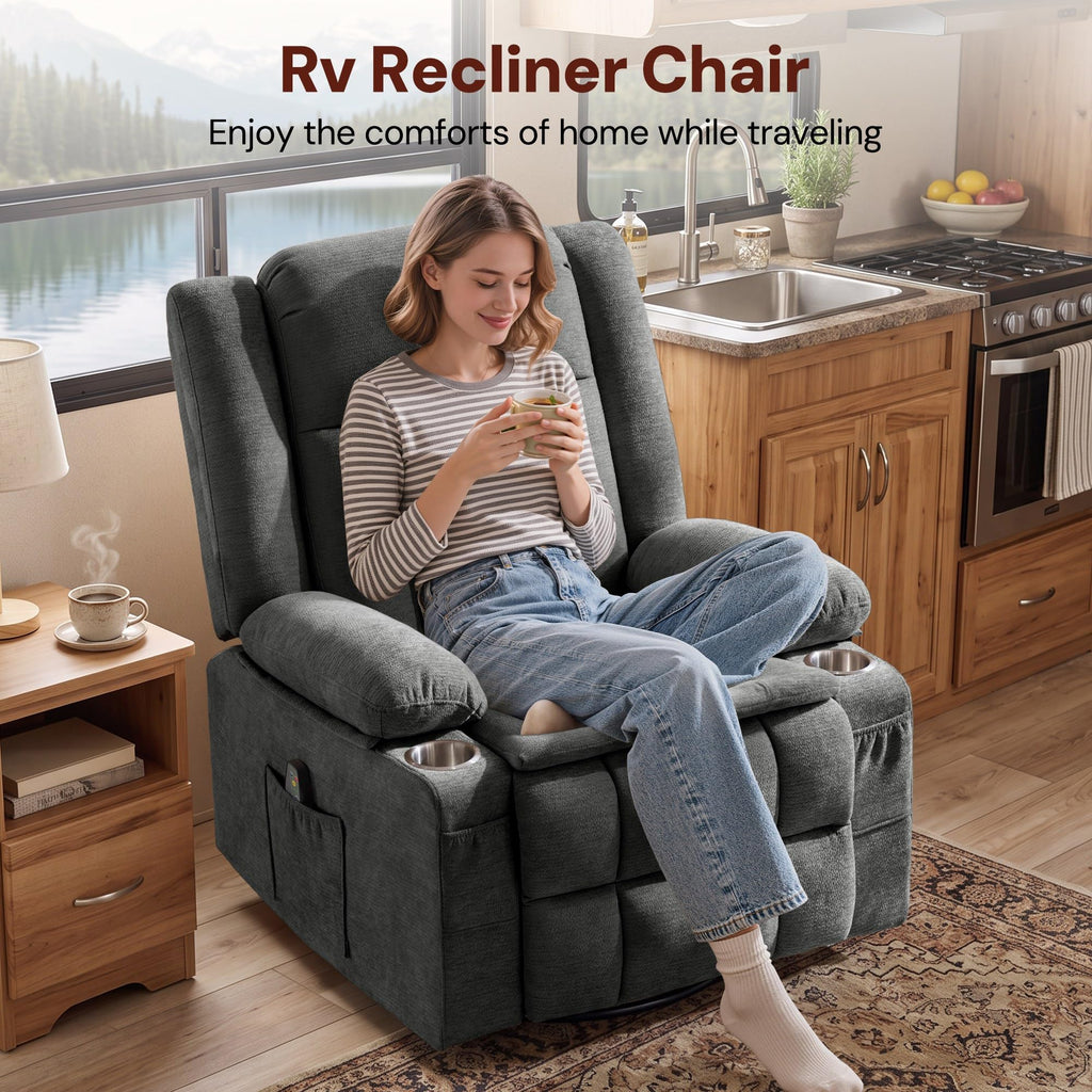 Grey Chenille Swivel Rocker Recliner with Massage and Heat J420609