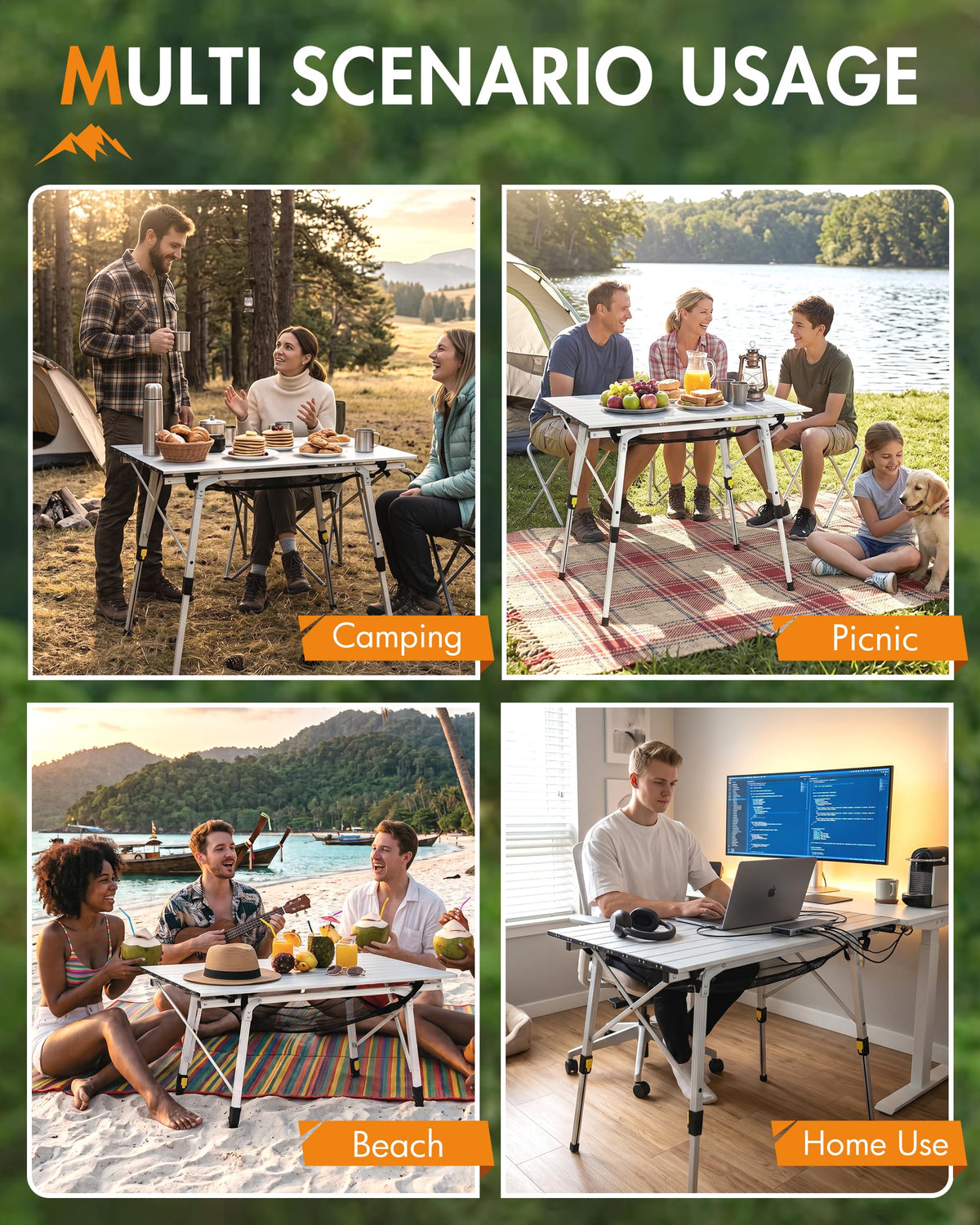 Folding Portable Camping Table with Adjustable Height Aluminum Roll Up Top A37746
