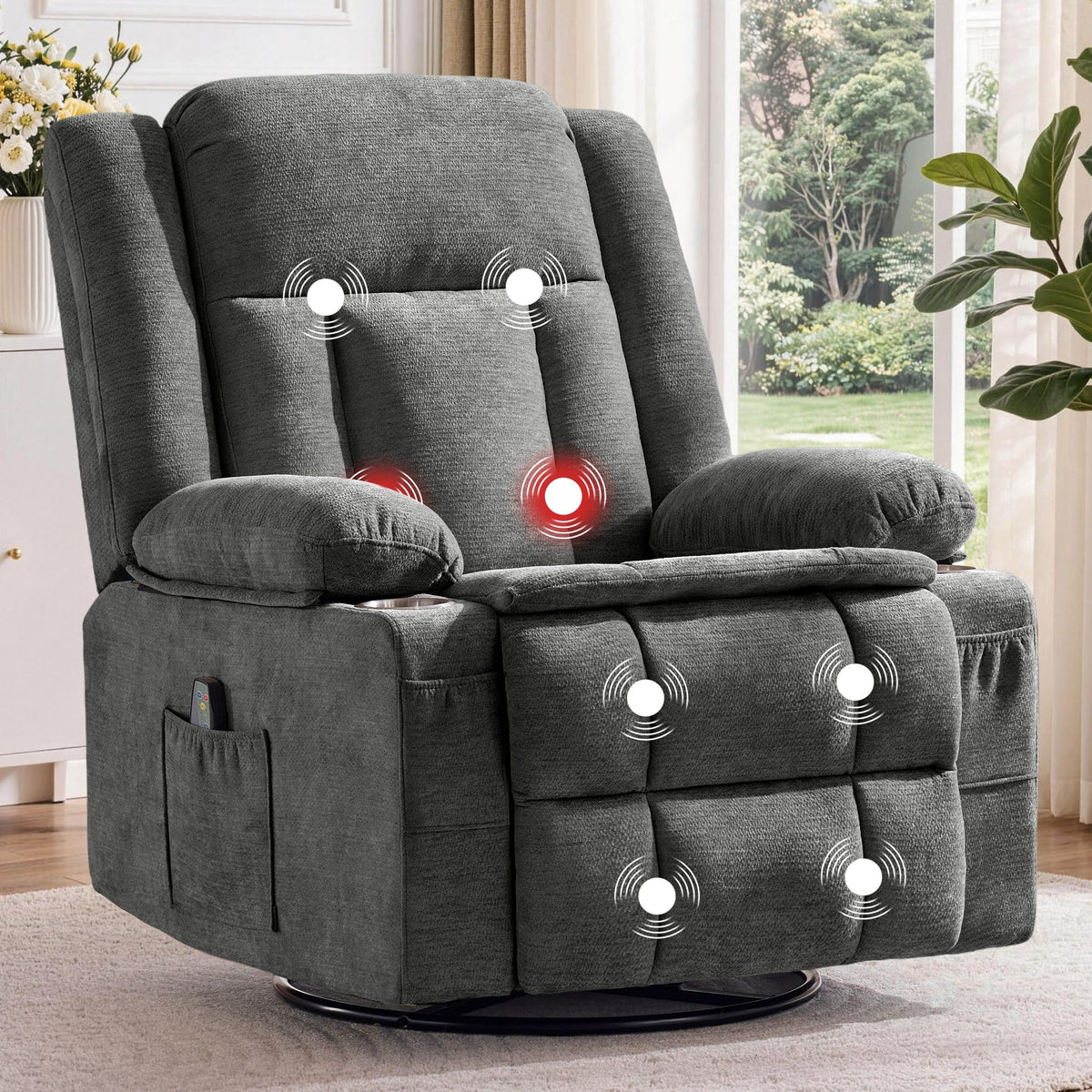 Grey Chenille Swivel Rocker Recliner with Massage and Heat J420609