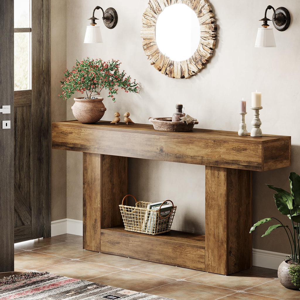 63" Farmhouse 2-Tier Console Table with U-Shaped Base T878
