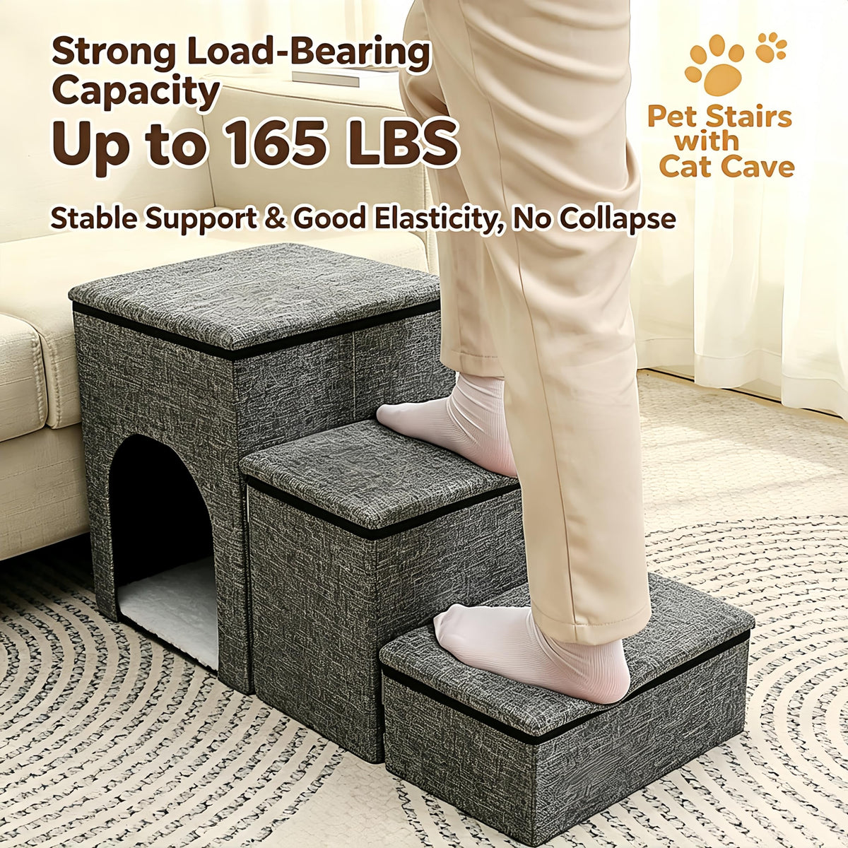 Foldable 3-Step Pet Stairs with Storage & Cat House W3213