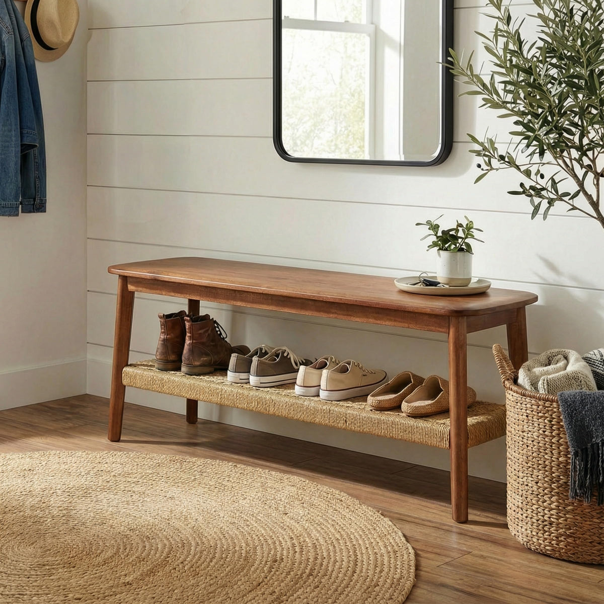 Solid Wood Entryway Bench with Woven Storage Shelf, Chestnut, 48” N4406
