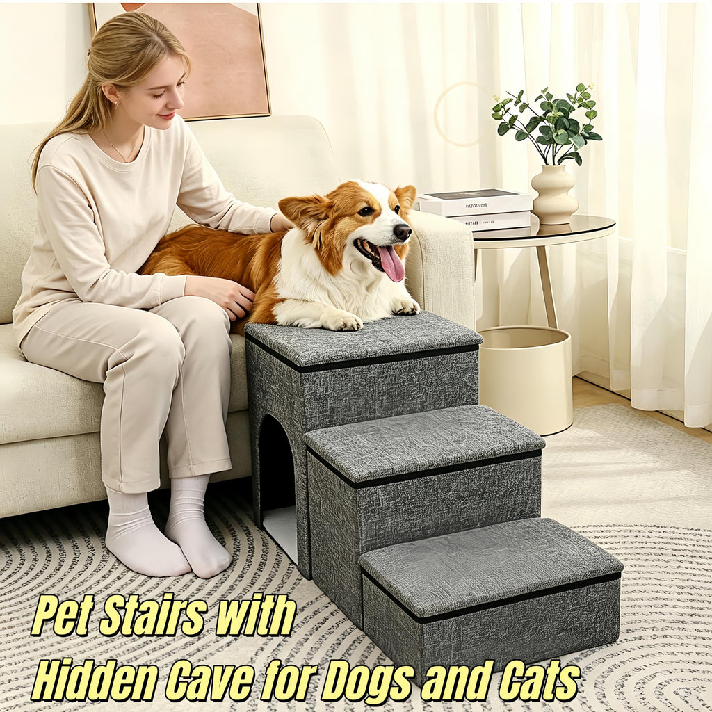 Foldable 3-Step Pet Stairs with Storage & Cat House W3213