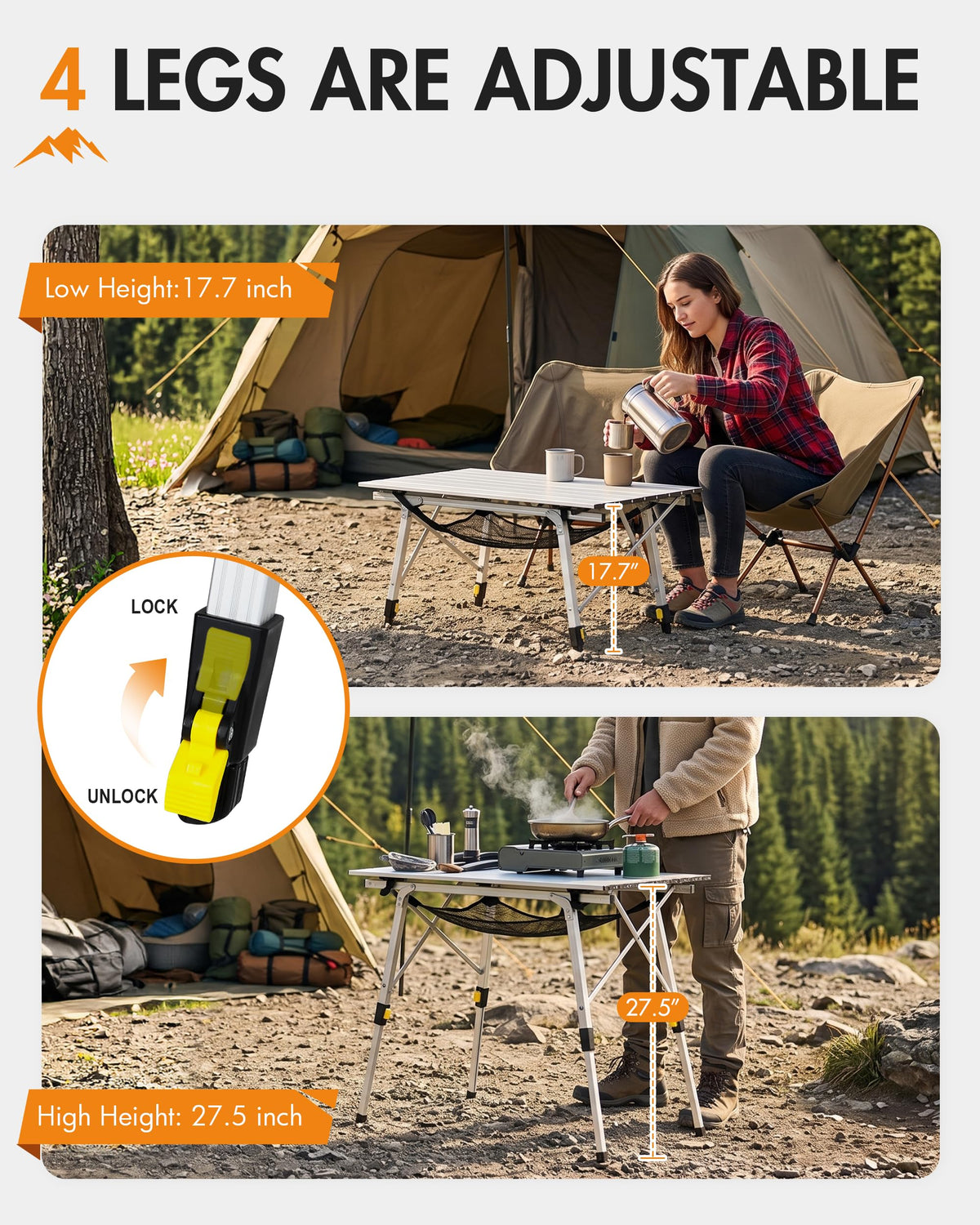 Folding Portable Camping Table with Adjustable Height Aluminum Roll Up Top A37746