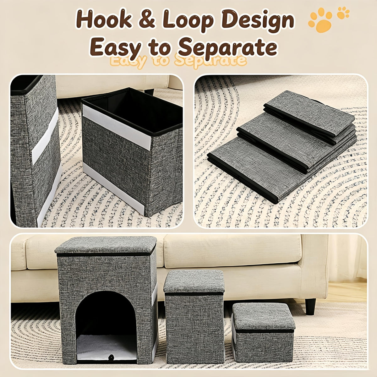 Foldable 3-Step Pet Stairs with Storage & Cat House W3213