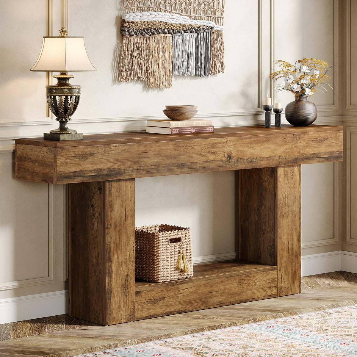 63" Farmhouse 2-Tier Console Table with U-Shaped Base T878