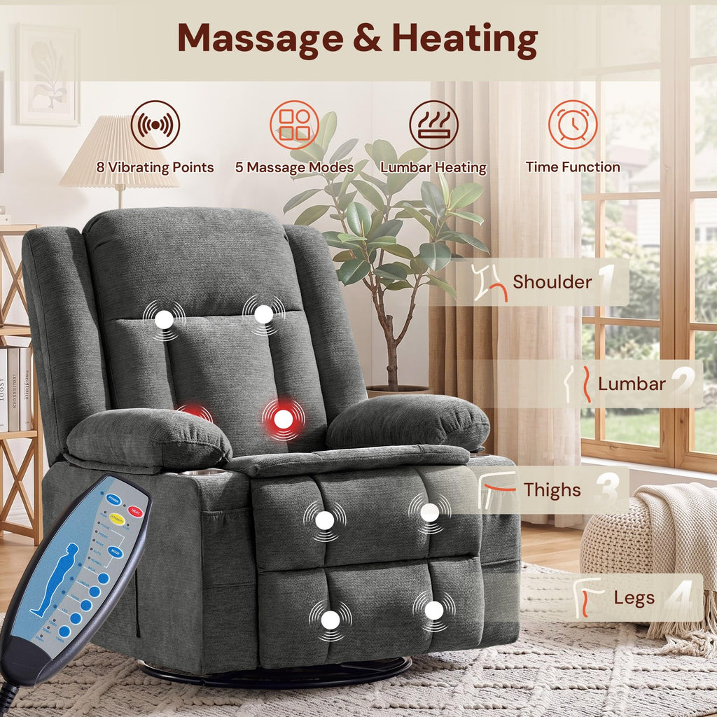 Grey Chenille Swivel Rocker Recliner with Massage and Heat J420609