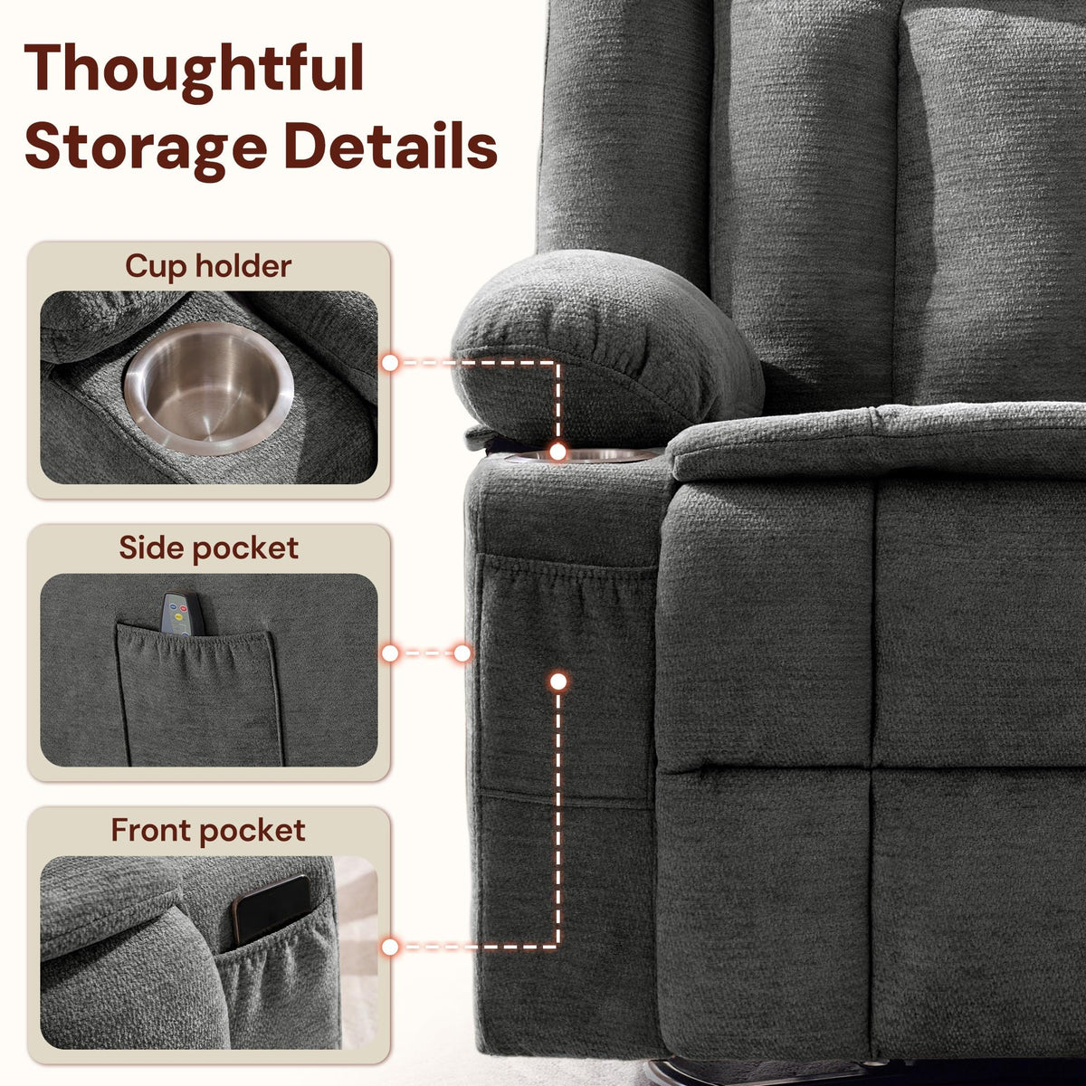 Grey Chenille Swivel Rocker Recliner with Massage and Heat J420609