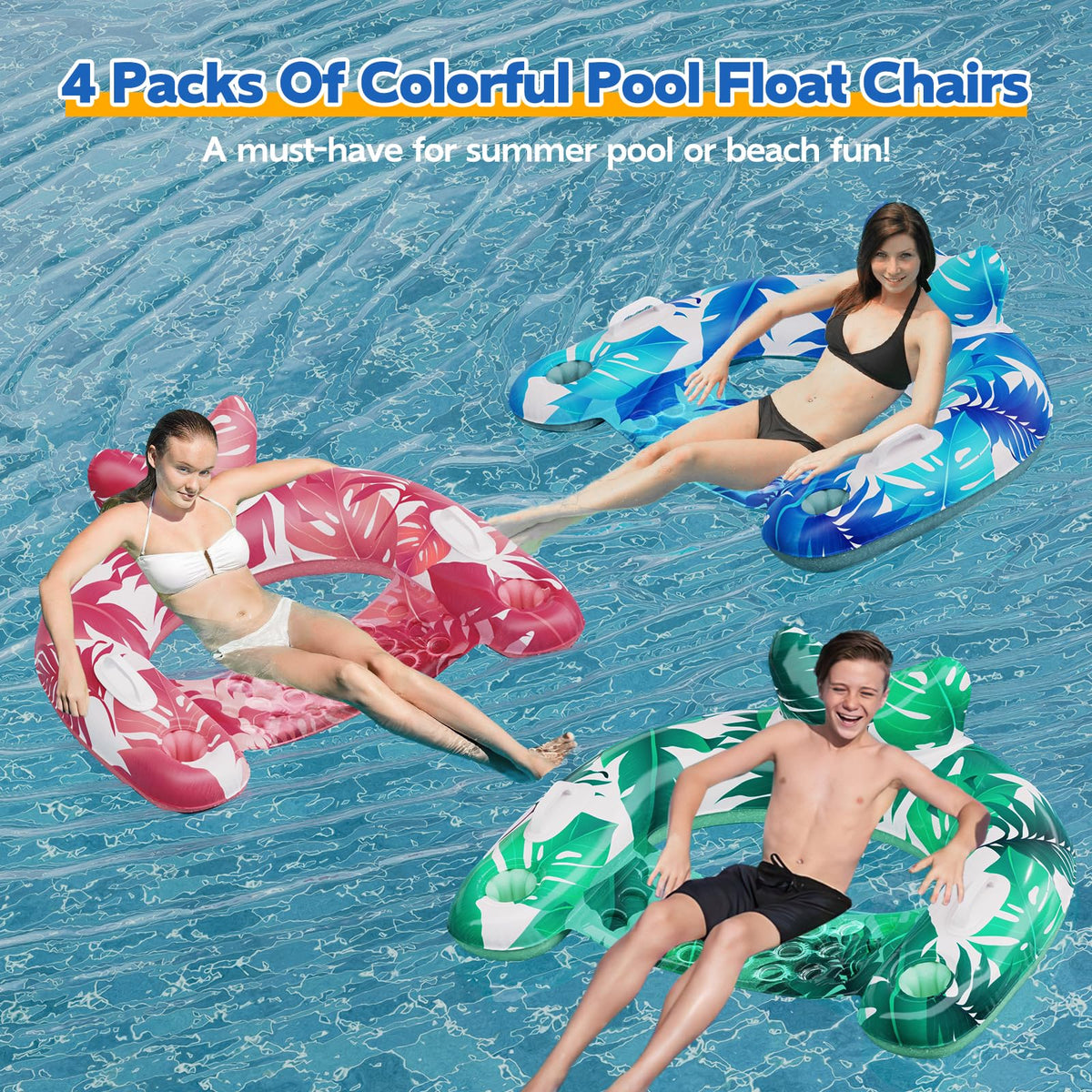 Inflatable Pool Float Chairs with Cupholders & Handles, 3 Pack P34565