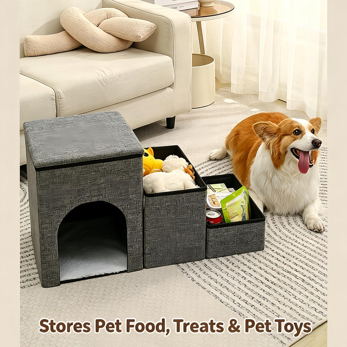 Foldable 3-Step Pet Stairs with Storage & Cat House W3213